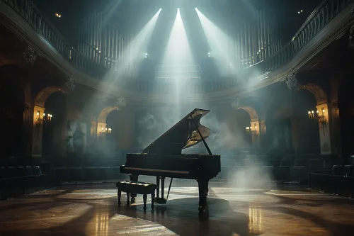 Elegante piano negro en el escenario con rayos de luz brillantes