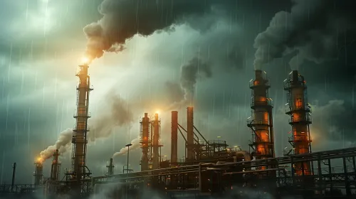 Industrial plant with smoking chimneys against a backdrop of rainy sky