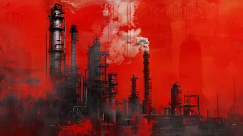 Заводские трубы и дым на фоне яркого красного неба