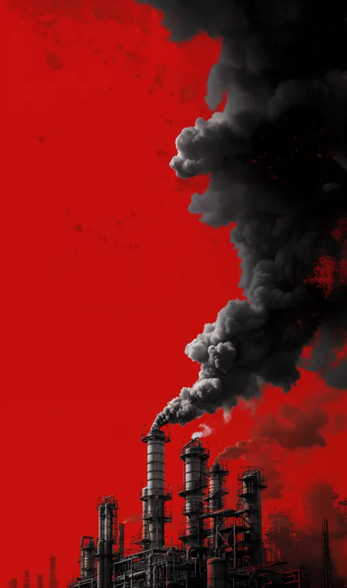 Industrial chimneys emitting smoke against a red sky