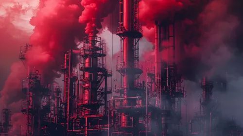 Complejo industrial con altas chimeneas y humo rojo