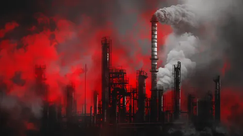 Factory building with smokestacks against a red sky