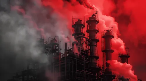 Fotografía de una planta industrial con chimeneas humeantes y cielo rojo