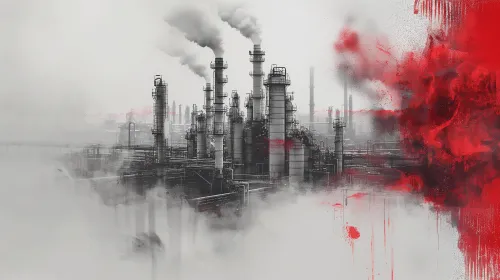 Congested industrial area with smoking chimneys and bright red accents