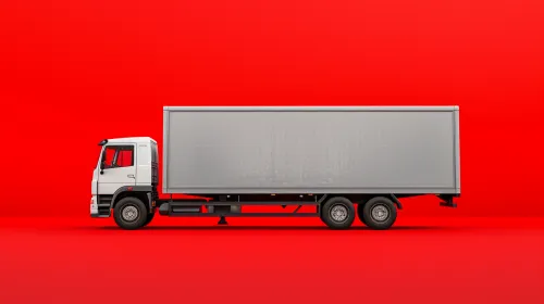 Image of a truck with a long bed on a bright red background