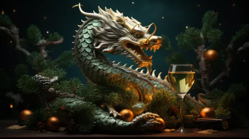 Escultura de un dragón frente a un abeto verde y una copa de vino blanco