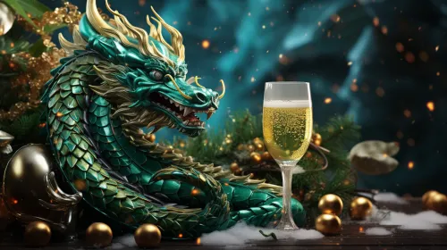 Image of a dragon with a glass of sparkling wine and New Year decorations