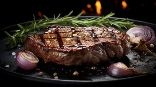 Steak on a black plate with onions and rosemary