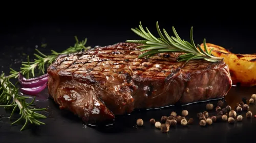 Juicy steak meat with green herbs and spices on a black surface