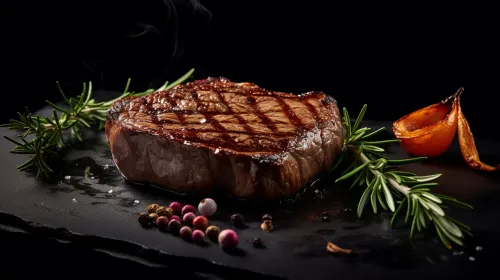 Appetizing steak on a black background, garnished with rosemary and pepper