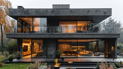 Architectural design of a modern house with large windows and a cozy interior