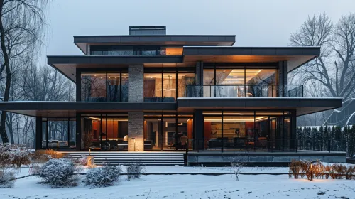 Modern architecture of a house against the backdrop of a winter forest and snow