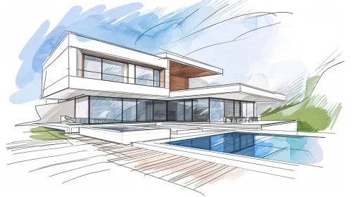 Sketch of a modern architectural project of a house with a pool