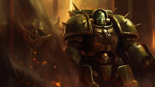 Space Marine in armor with symbols against a backdrop of battle