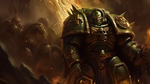 Héroes de Warhammer 40k luchan contra un fondo de fuego y oscuridad