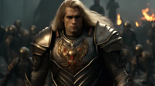 Man in armor with long hair in front of a caught army