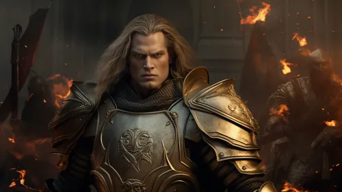 A man in golden armor stands before a fiery background, preparing for battle