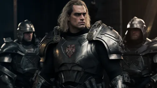 Man in Metallic Armor with Long Light Hair Against a Background of Other Warriors