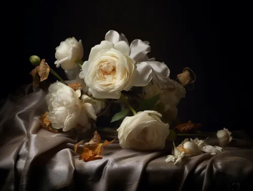Elegante naturaleza muerta con flores blancas sobre fondo oscuro con tela texturizada