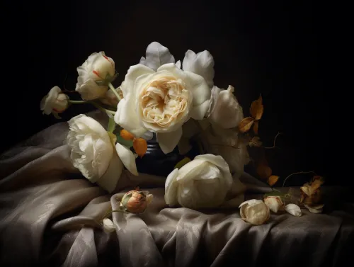 Rosas claras adornadas con hojas doradas sobre fondo de seda