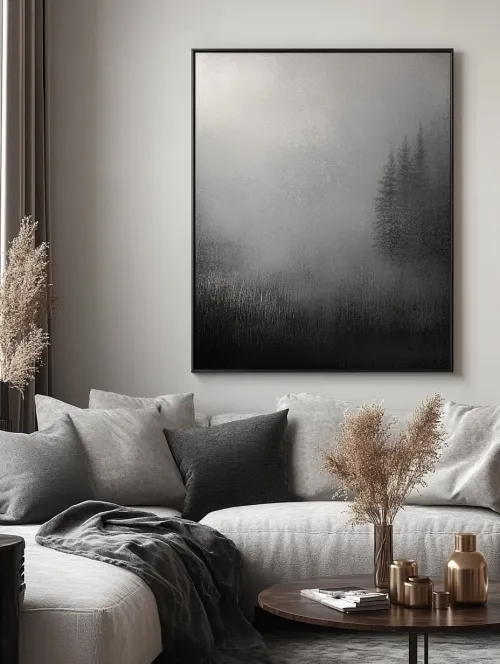 Living room with a cozy sofa and an abstract gray painting on the wall