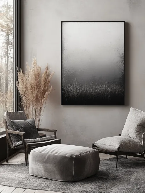 Room corner with a black-and-white abstract painting on the wall