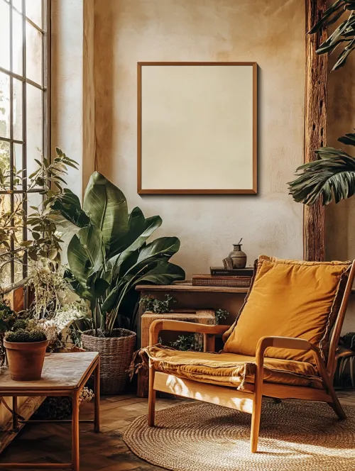 Comfortable Interior with Armchair, Plants, and Empty Picture Frame on the Wall