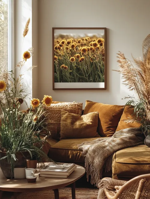 Comfortable living room with a sofa, cushions, and flowers in vases