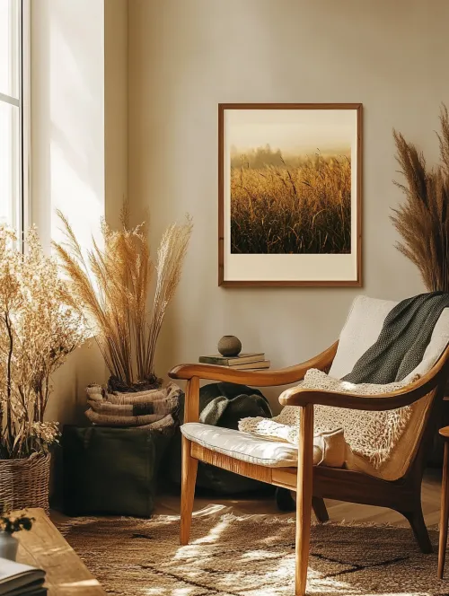 Room with an armchair, a painting, and dry plants in warm tones