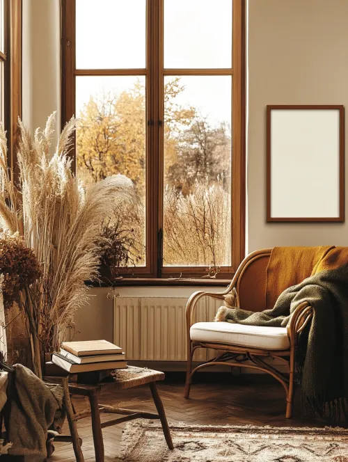 Room with an armchair, plants, and an autumn landscape outside the window