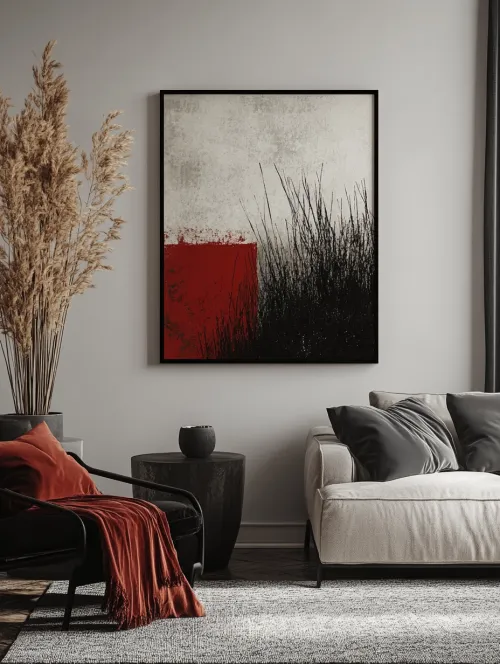 Abstract painting with red and black accents in a modern interior