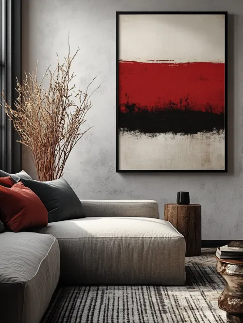 Abstract painting in red and black tones on the wall of a modern interior