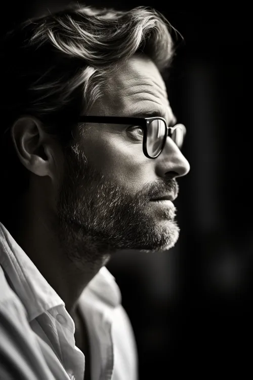 Serious portrait of a man with glasses and medium-length hair