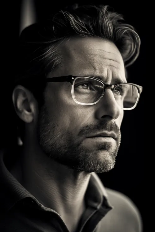 Black-and-white portrait of a man in glasses looking into the distance