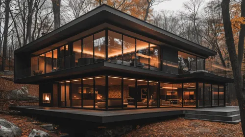 Imagen de una elegante casa residencial con grandes ventanales de vidrio contra un fondo de bosque otoñal