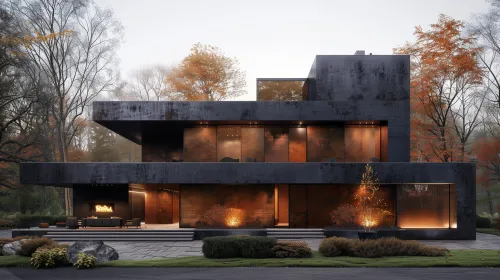 Aesthetic country house with modern design set against an autumn backdrop