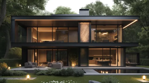 Arquitectura elegante de una casa moderna con grandes ventanas y luz natural