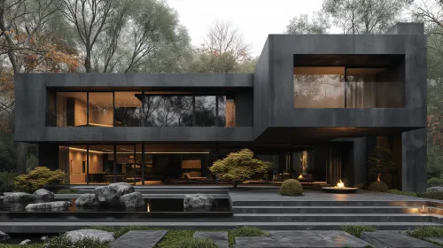 Casa futurista de concreto entre árboles con paisaje decorativo