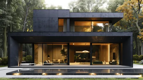Elegante casa moderna con fachadas de vidrio entre los árboles