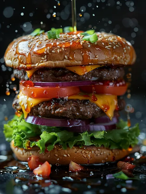 Capas jugosas de hamburguesa con carne, queso, verduras y salsas