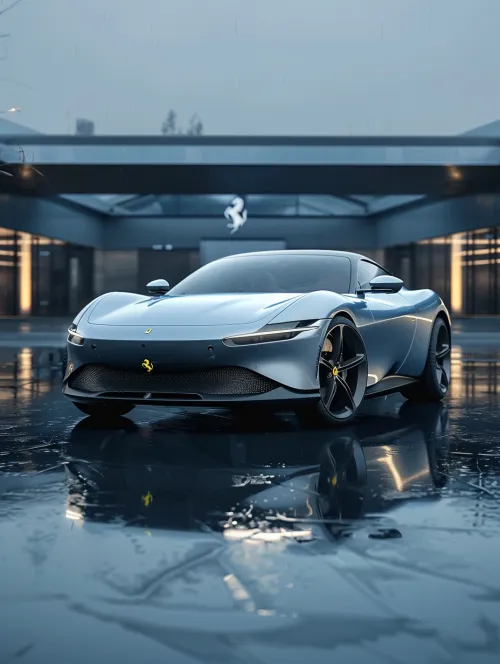 Elegant blue Ferrari against the backdrop of a modern car dealership in the rain