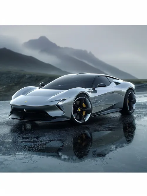 Elegant modern Ferrari supercar against a backdrop of mountains and clouds