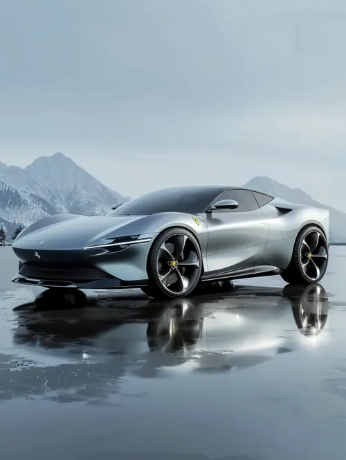 Elegant Silver Sports Car Ferrari Against the Winter Mountains