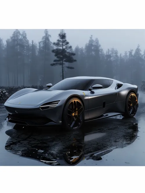 Modern Ferrari sports car on a wet surface amidst the forest