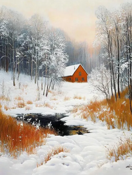 A modest village house against a backdrop of snowy expanses and a river