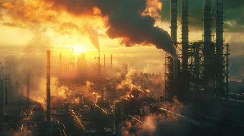 Atardecer sobre una zona industrial con chimeneas y humo