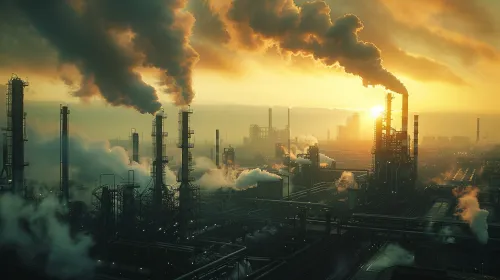 Siluetas de chimeneas y nubes de humo contra el fondo del atardecer