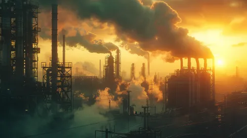Siluetas de chimeneas industriales y fábricas contra el fondo del atardecer