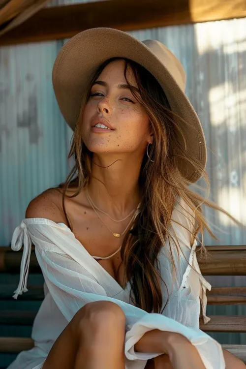 Beautiful portrait photo of a girl in a white shirt and hat