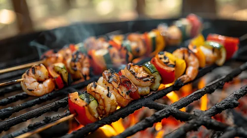 Delicious shrimp and vegetable kebabs on the grill